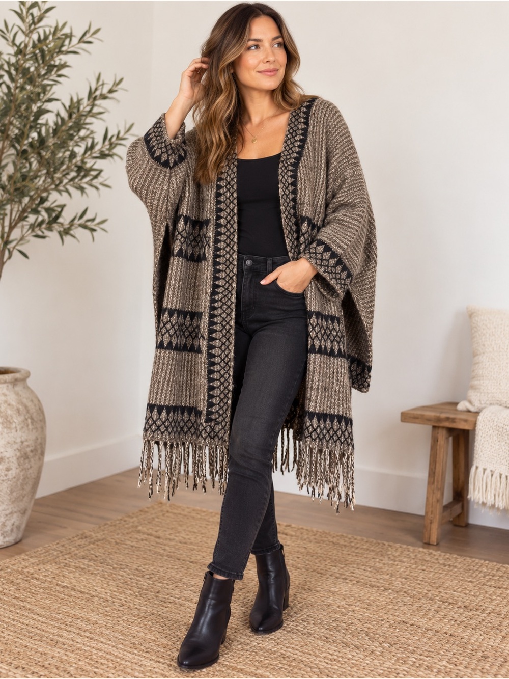 Modern Roots 100% Wool Poncho Cardigan Brown Black Fringe Boho Artisan